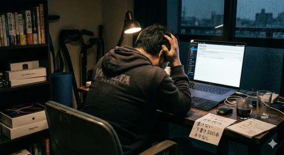 薄暗い部屋で、白紙のWordPress管理画面を前に頭を抱える40代男性の背中