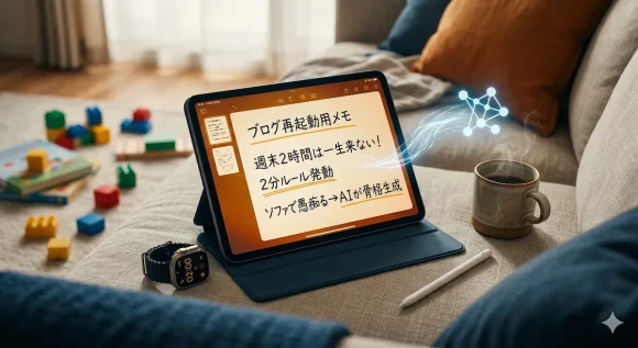 ソファの上に置かれたiPad Pro（画面に「週末2時間は一生来ない」「2分ルール発動」の文字）とApple Watch Ultra 2（2分タイマー）