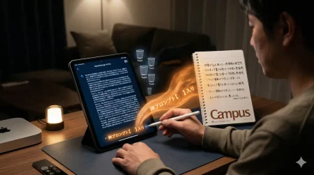 ヨウカンラボのアイキャッチ。iPad mini 6の冷たいAI生成テキストと、アナログノートから立ち上がる温かいオレンジ色の手書きメモ（泥臭い本音）の光の川が、Geminiのチャット入力フィールドへと流れ込み、「神プロンプト」を形成するドラマチックなコントラスト。複数のゴミ箱アイコンが絶望を象徴。