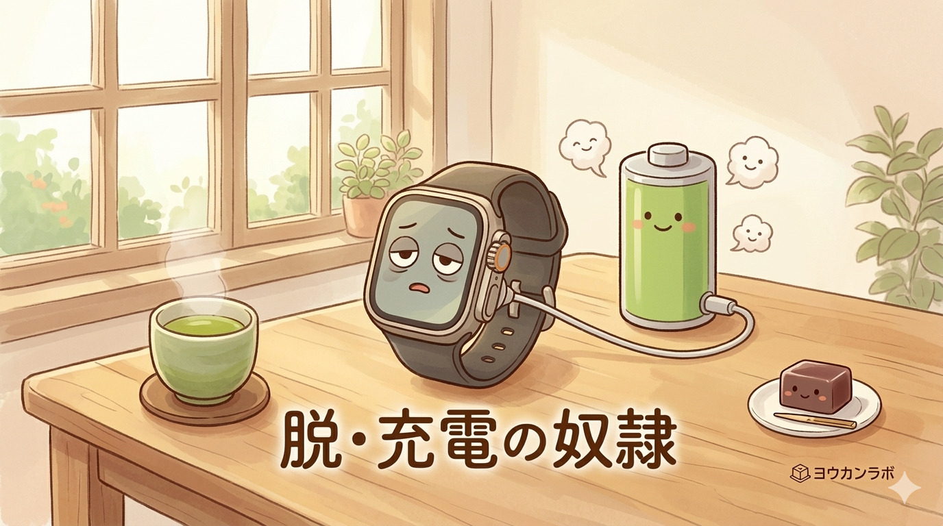 バッテリー残量を気にして「充電の奴隷」になったと思い込んでいた当時を表すApple Watchのイメージイラスト