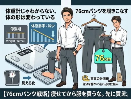 体重計の停滞期と、目標の76cmパンツを手にする40代男性を対比させたイラスト