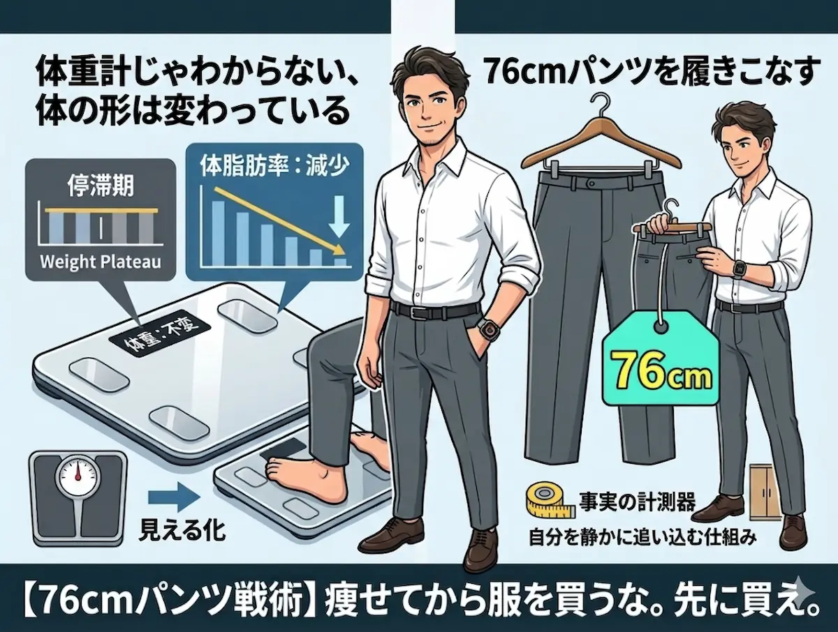 体重計の停滞期と、目標の76cmパンツを手にする40代男性を対比させたイラスト