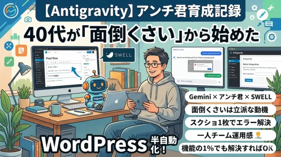 40代男性ブロガーがAI(Gemini)と自動化ツール(Antigravity)を活用してWordPress投稿を半自動化する様子を描いたイラスト。SWELLロゴやMac mini、アンチ君ロボットが配置されている。