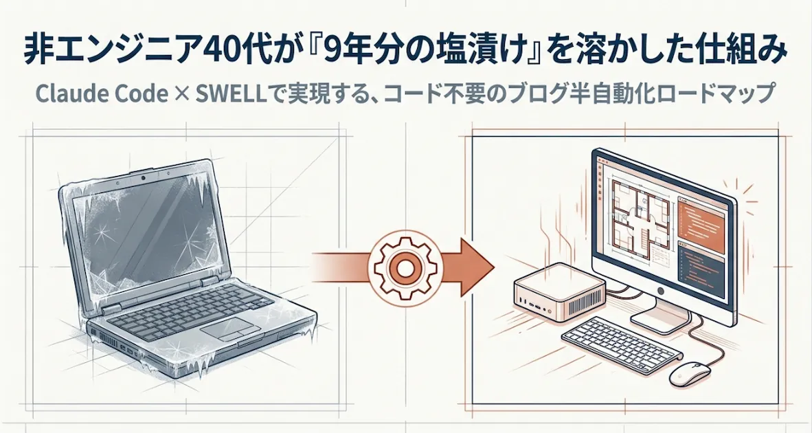 非エンジニア40代のためのClaude CodeとSWELLブログ半自動化ロードマップのアイキャッチ画像