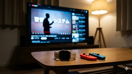 深夜のリビングでテレビに映る習慣化の動画シルエットと、手前のApple Watch Ultra 2、Joy-Con