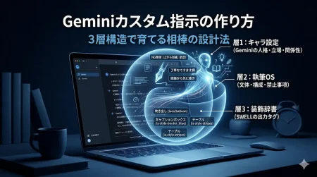 深紺のデスクに置かれたMacBook Proから、青く輝く知識の束（カスタム指示）が湧き出している。束は3つのレイヤーに分かれており、「Geminiカスタム指示の作り方」「3層構造で育てる相棒の設計法」という日本語タイトルが大きく表示されている。各レイヤー（キャラ設定、執筆OS、装飾辞書）の内容が細かくラベル付けされ、SWELLの具体的なタグ構成例や、丁寧な「ですます調」といった指示内容が視覚化されている。深夜の書斎のような集中と静寂を感じさせる、知的で洗練されたデザイン。未来的なロボットやAIギミックは排除され、あくまで概念の設計図として表現されている。