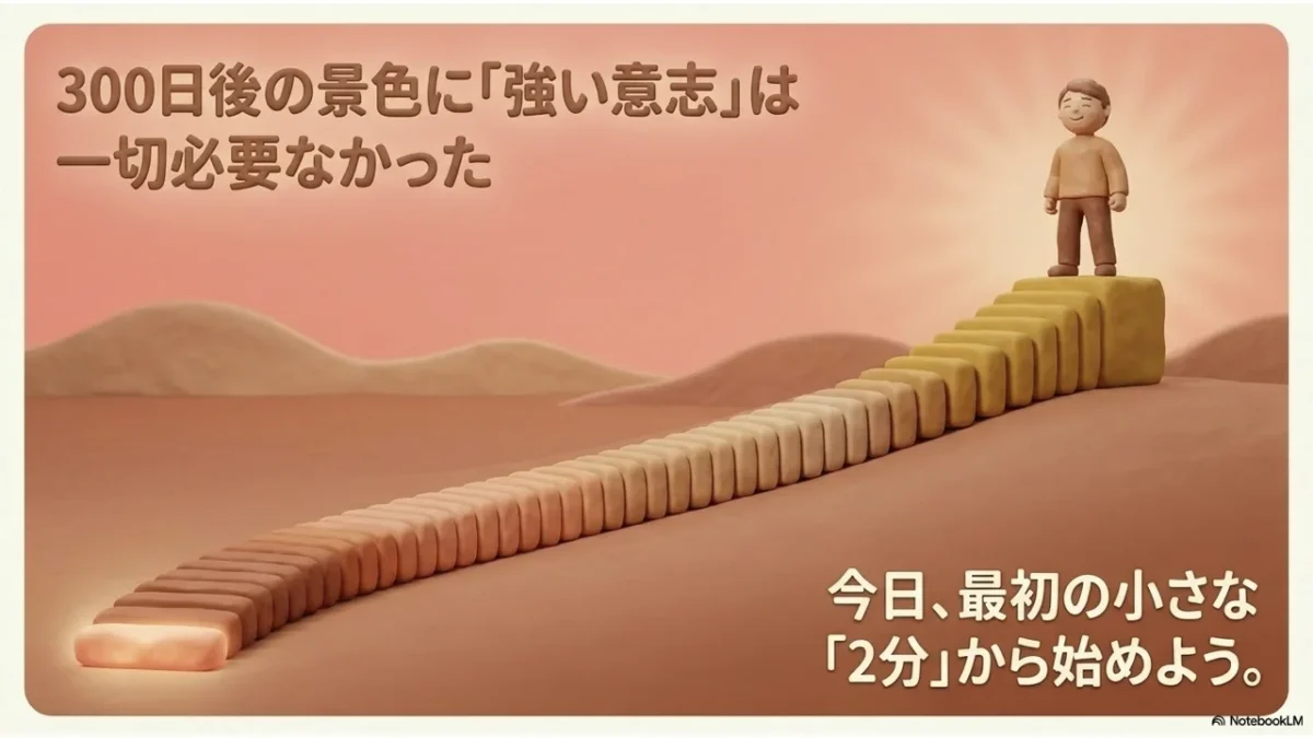 300日続けた先に強い意志は必要なかったことをドミノで示す図解