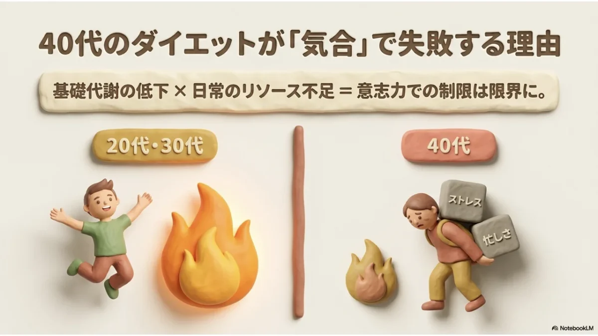 40代のダイエットが気合で失敗する理由（基礎代謝低下×リソース不足）の図解