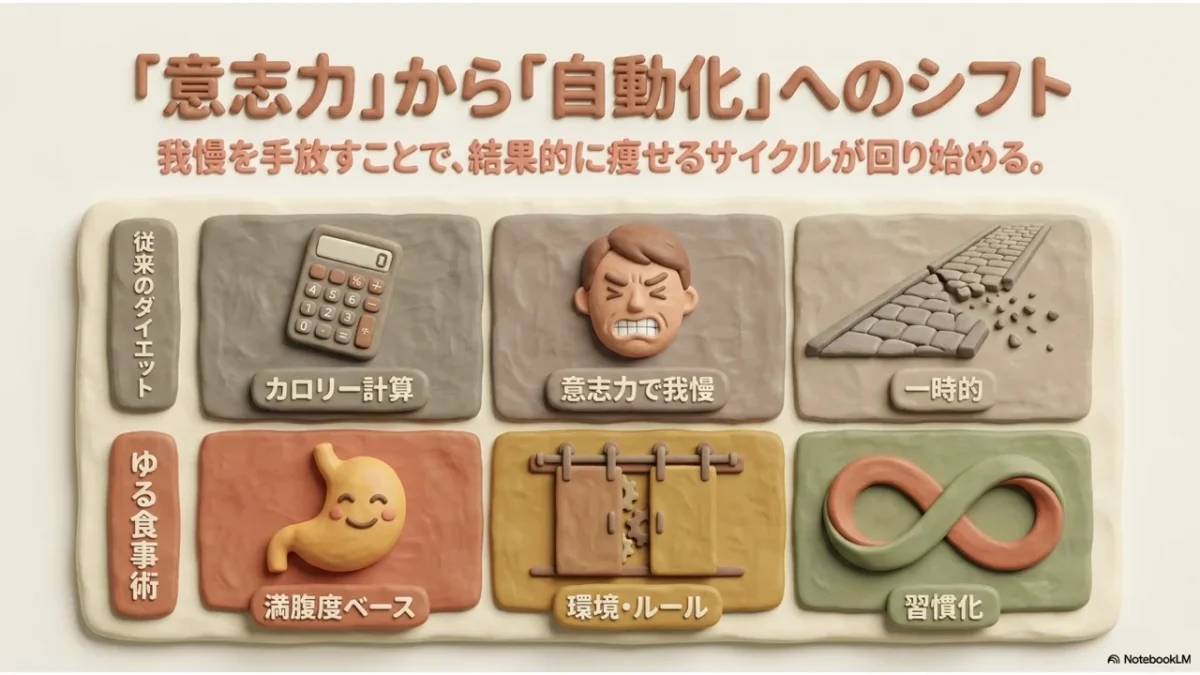 意志力からゆる食事術の仕組みへシフトする考え方の比較図解