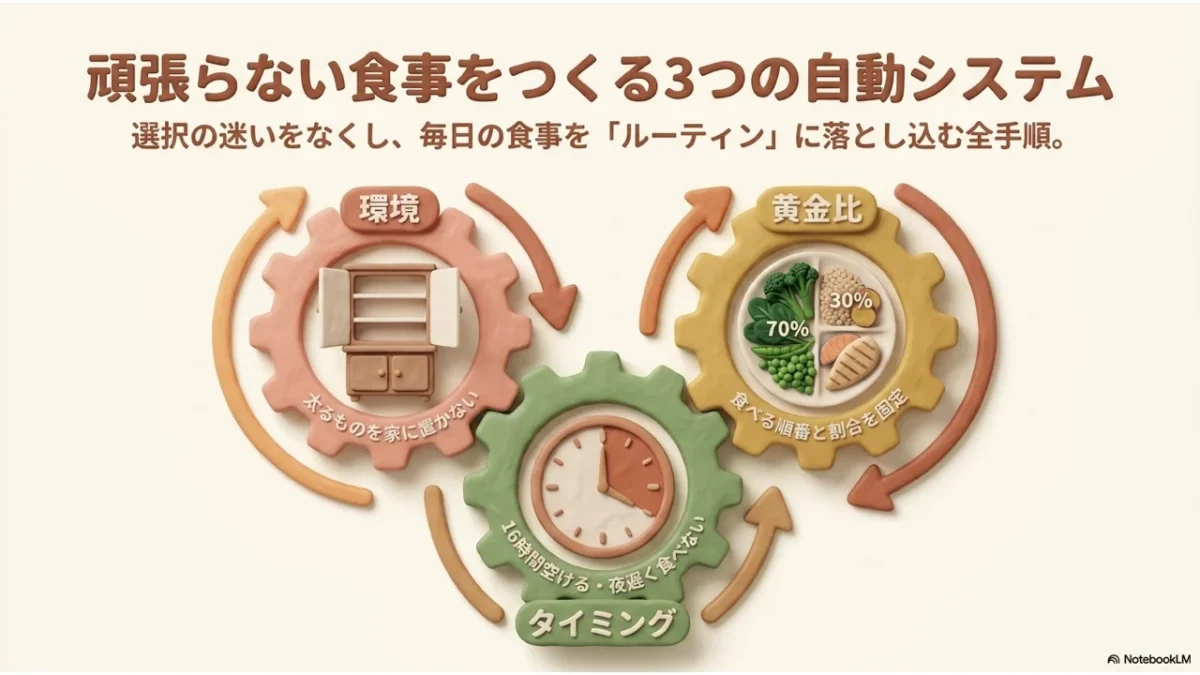 頑張らない食事をつくる3つの仕組み（環境・黄金比・タイミング）の図解