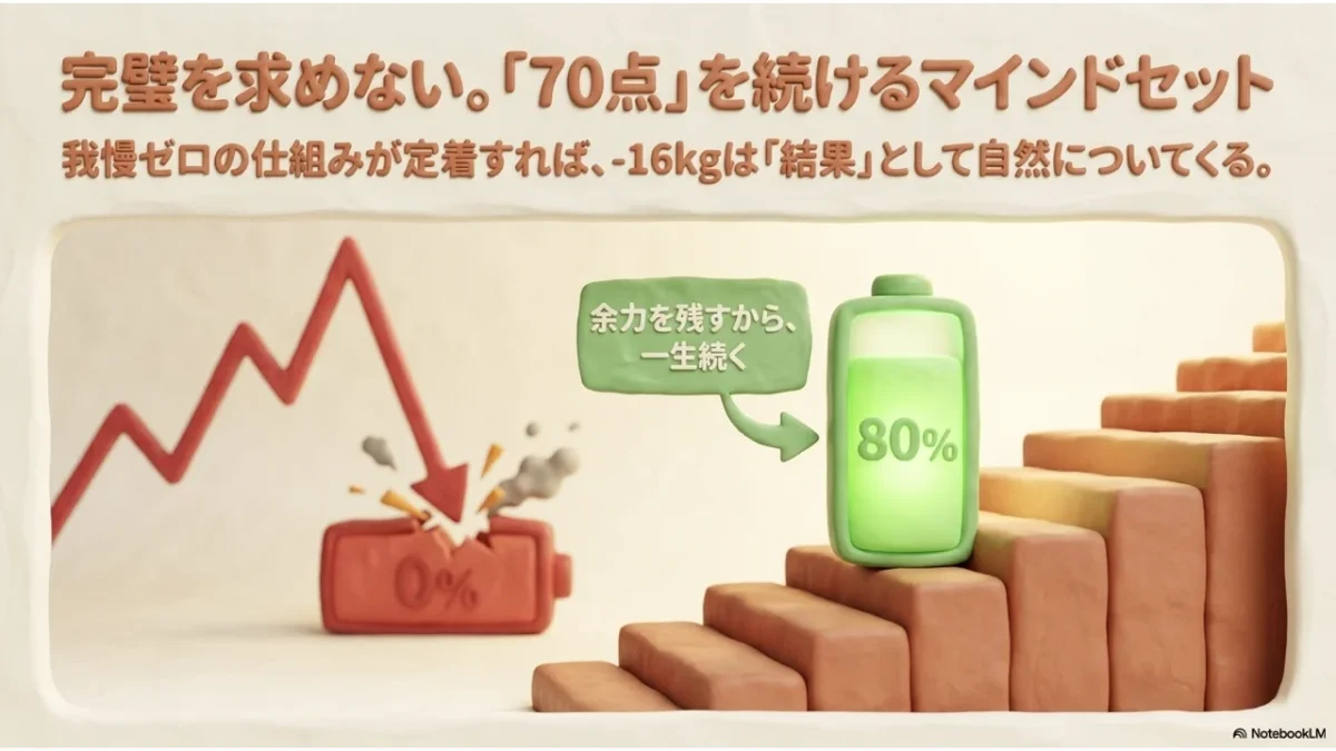 完璧でなく70点を続けるマインドセットで-16kgは結果としてついてくる図解