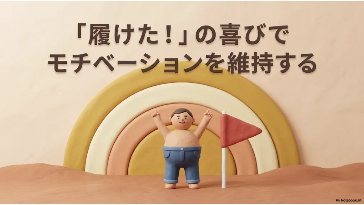 ワンサイズ下のパンツが履けた喜びで、ダイエットのモチベーションを維持できると示すイラスト