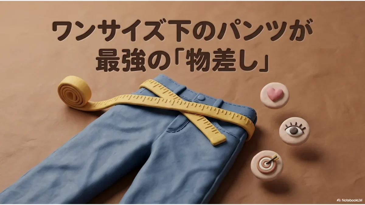 ワンサイズ下のジーンズとメジャーが、体重計より正直な物差しになることを示すイラスト