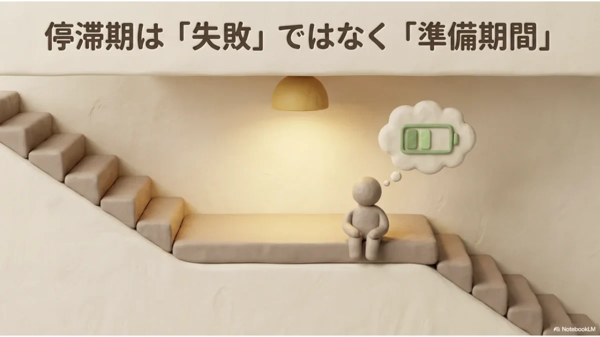 ダイエットの停滞期は失敗ではなく、体が次の変化に向かう準備期間であることを示すイラスト