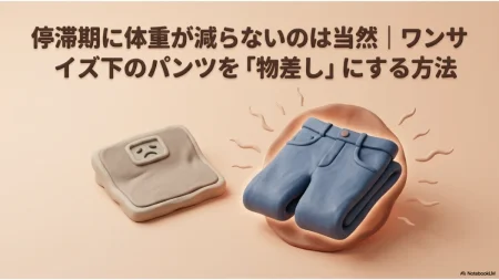 停滞期に体重が減らない時、ワンサイズ下のパンツを物差しにする方法を示すアイキャッチ画像