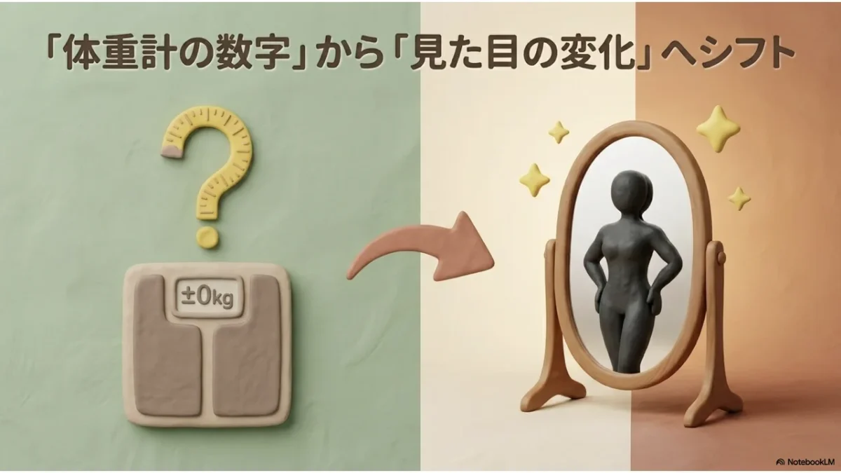 体重計の数字ではなく、鏡に映る見た目の変化で痩せを判断することへシフトすると示すイラスト