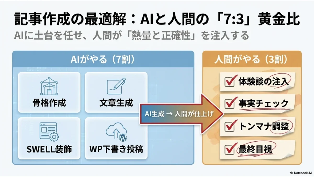 AIが7割(骨格作成・文章生成・SWELL装飾・WP投稿)、人間が3割(体験談・事実チェック・トンマナ調整・目視)で記事を仕上げる分担図