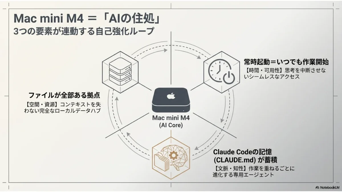 Mac mini M4をAI Coreとし、常時起動・ローカルデータ拠点・Claude Codeの記憶が連動する自己強化ループの図