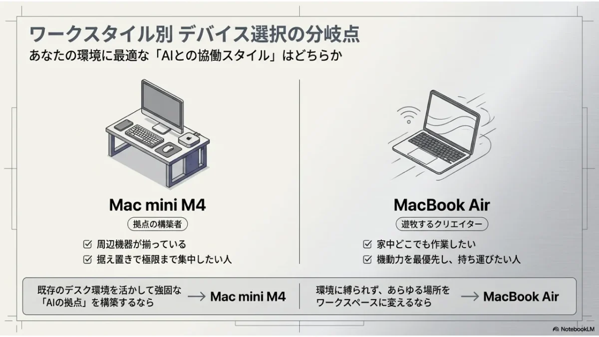 ワークスタイル別デバイス選択の分岐点。据え置きならMac mini M4、持ち運ぶならMacBook Airの比較図