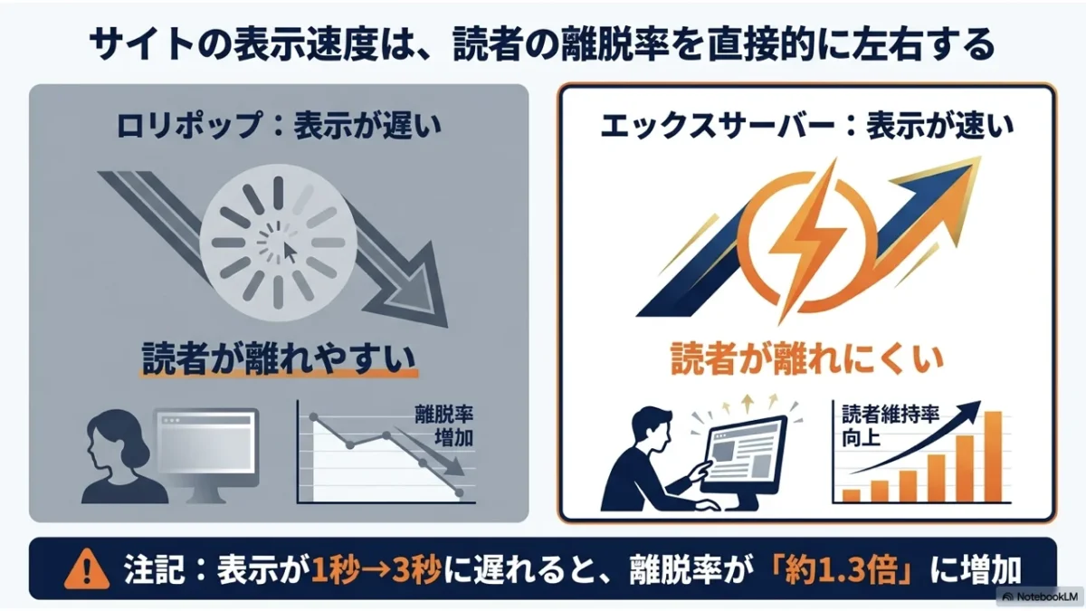 ロリポップは表示が遅く読者が離れやすい、エックスサーバーは速く離れにくいの比較図