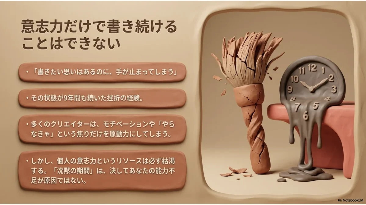 脳の構造と意志力の限界を示す粘土細工風イラスト