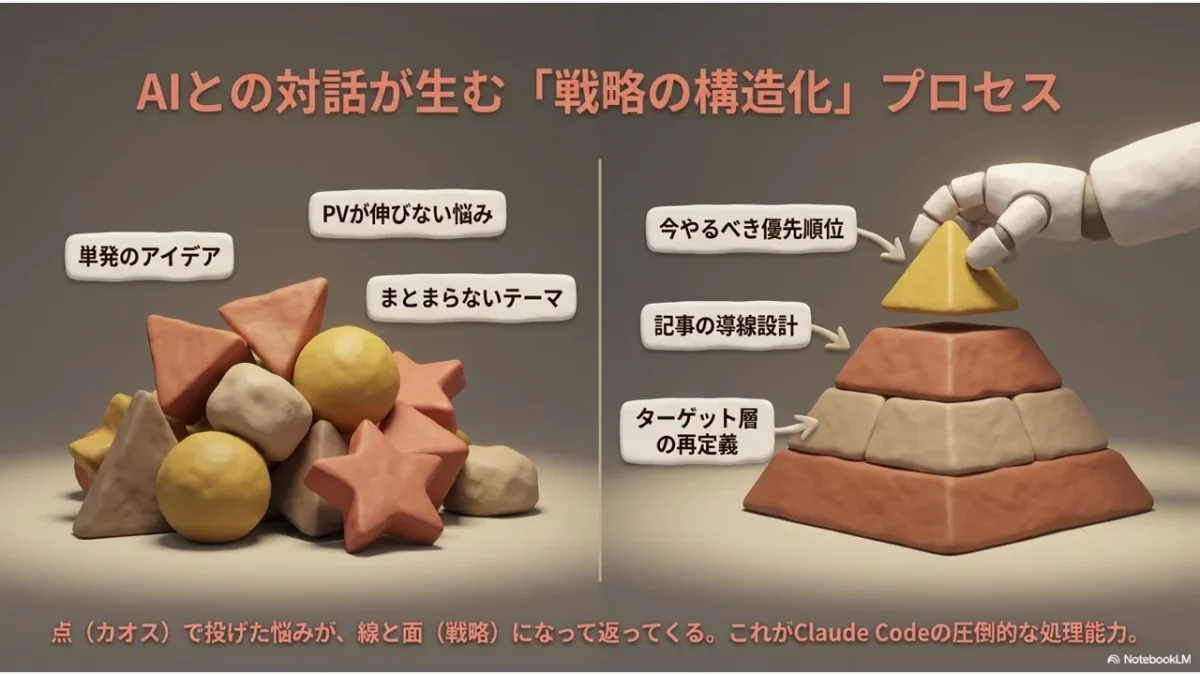 ピラミッド型の戦略構造図とAIの手が積み上げるイラスト