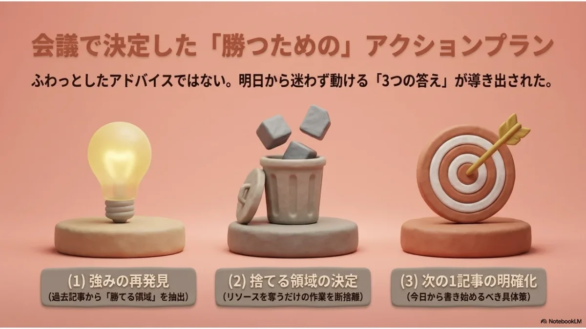 電球・的・記事アイコンと3つの要素が並んだスライド