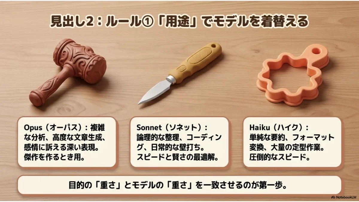 Opus・Sonnet・Haikuの3モデルを工具で例えたイラスト