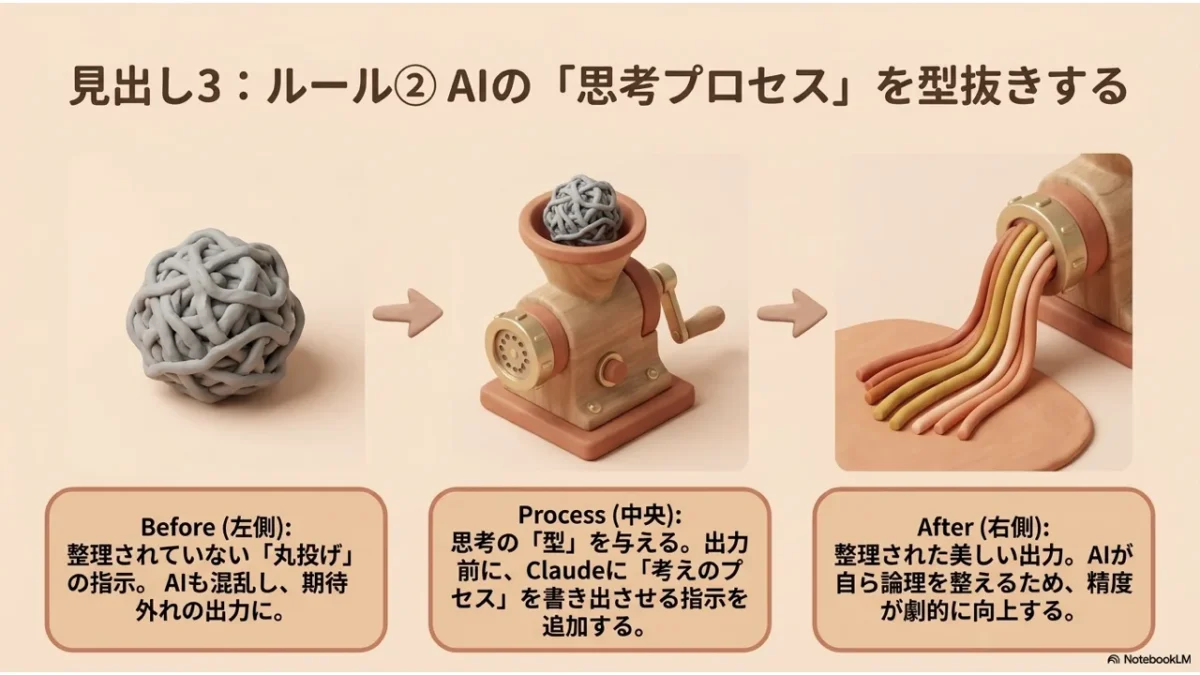 粘土を型抜きするプロセスのBefore・Process・Afterイラスト
