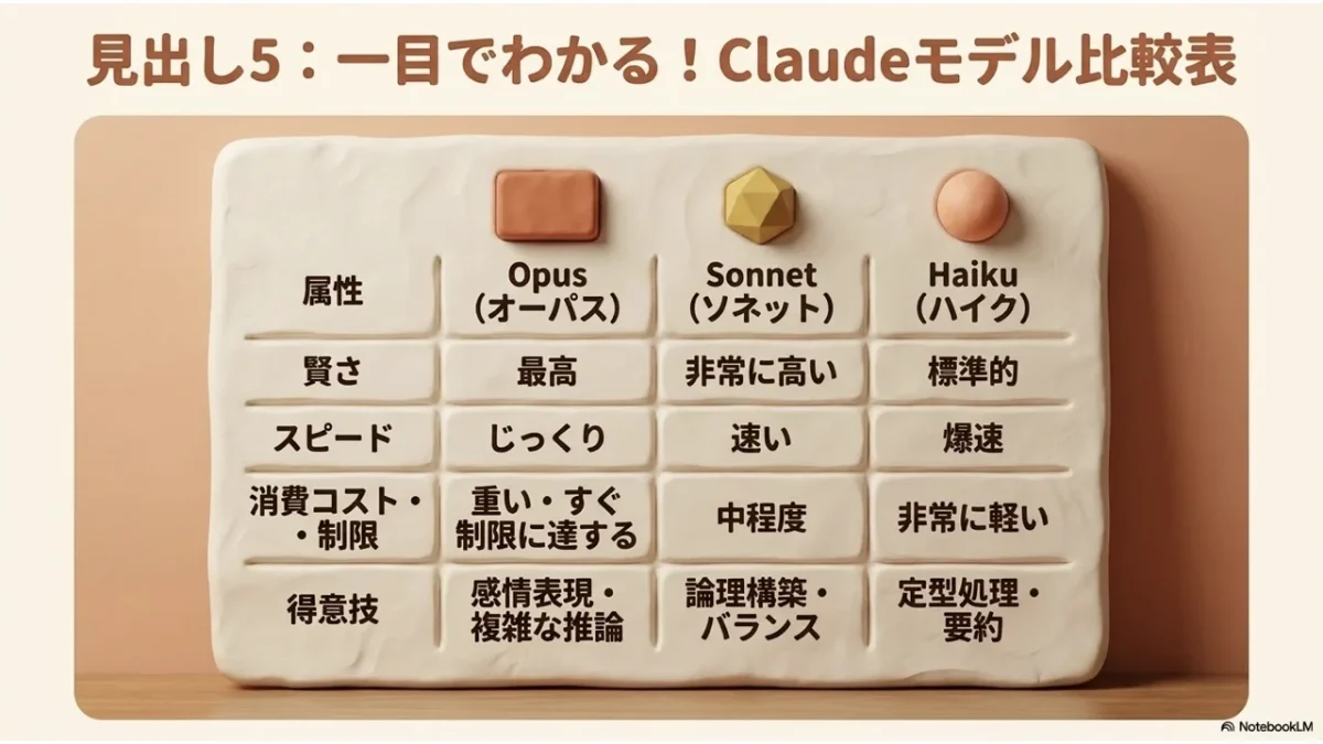 Opus・Sonnet・Haikuの速さ・消費・コストを比較した表のスライド