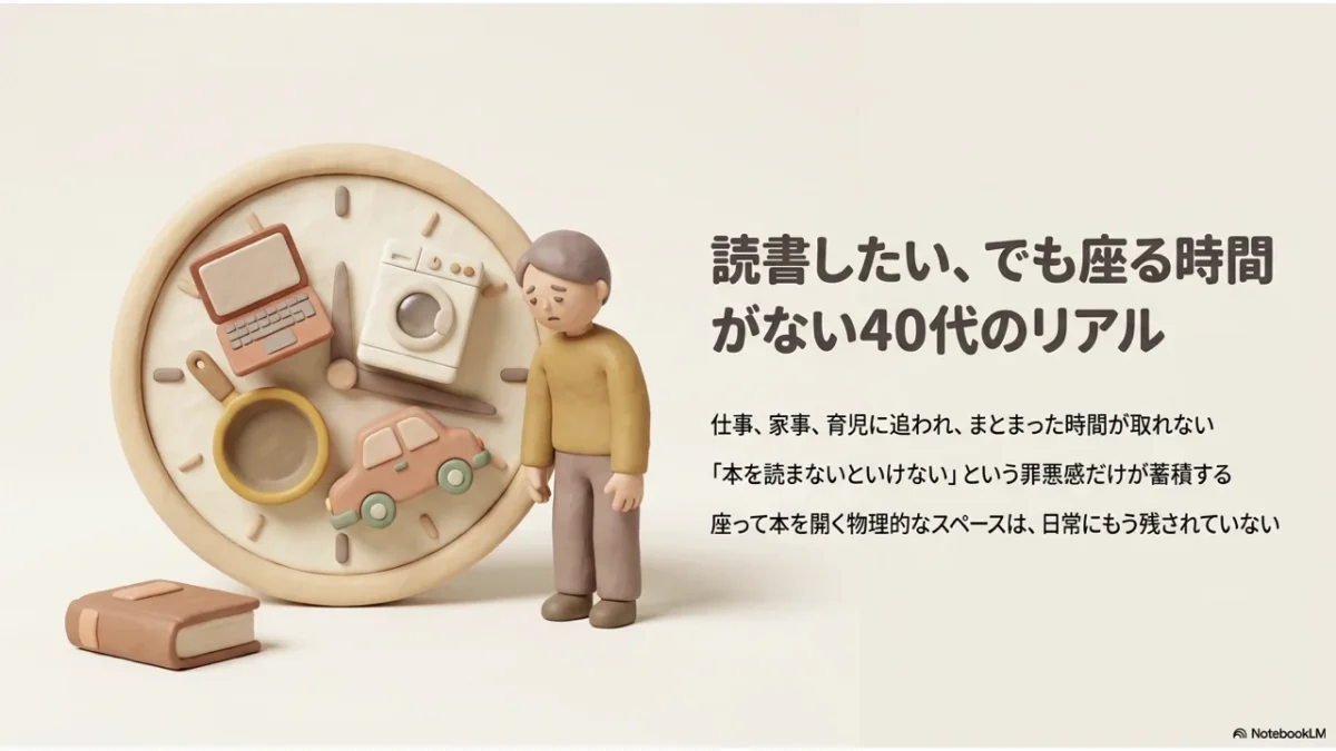 読書したいのに座る時間がない40代のリアルを示すイラスト