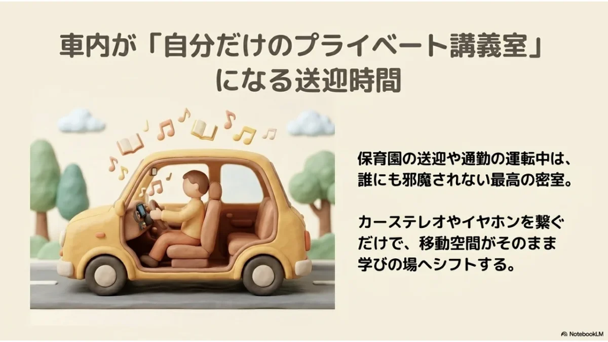 子どもの送迎待ちの車内を学習スペースに変える40代の様子