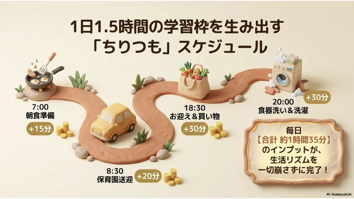 家事と送迎の隙間時間を積み上げて1日1.5時間の学習枠を生む図解