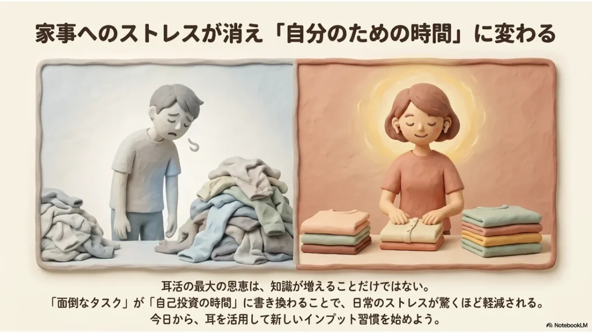 耳活で家事のストレスが消え自分のための時間に変わる様子のイラスト