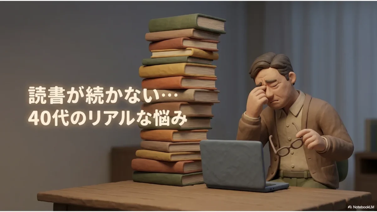 本を積んだまま読めない40代のリアルな悩みを表すイラスト