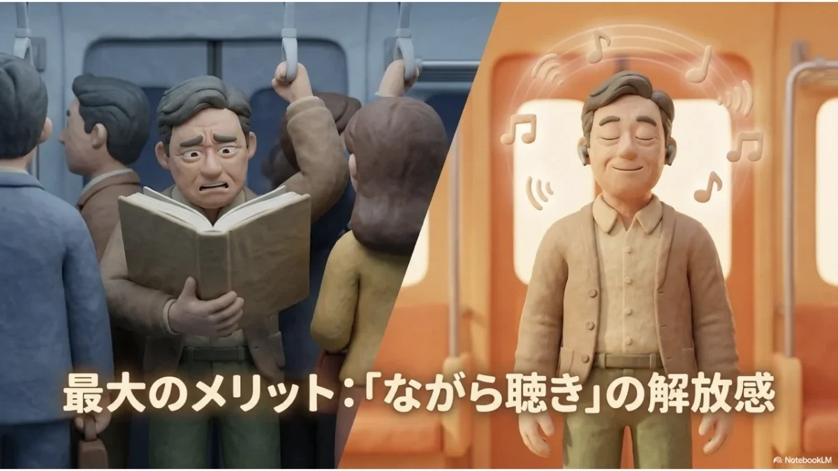 皿洗いをしながらオーディオブックを聴くながら聴きの解放感を表すイラスト