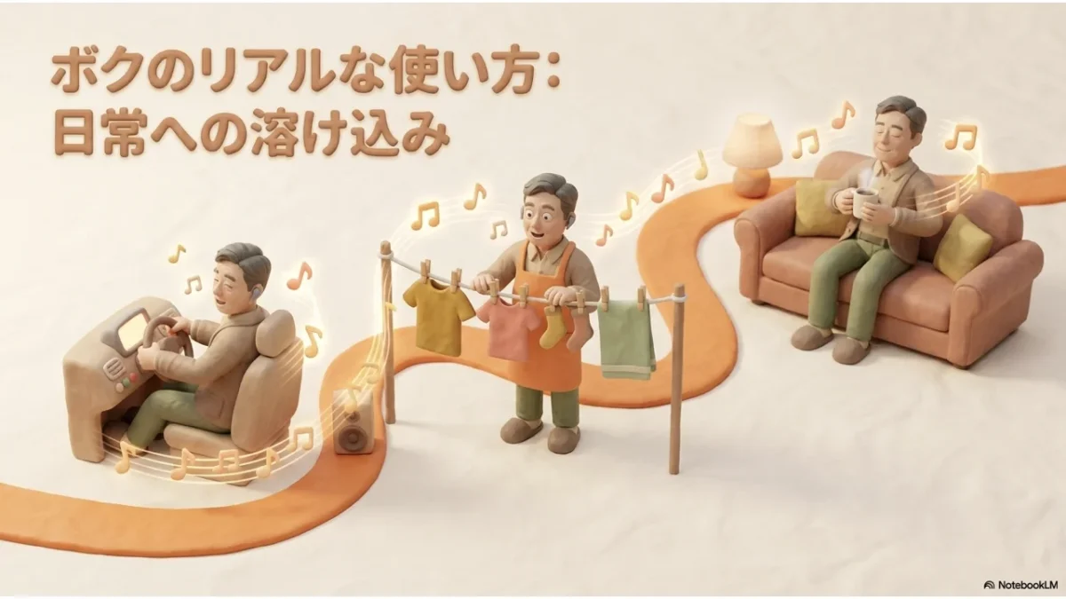 40代の日常生活にAudibleが自然に溶け込む様子を示すイラスト