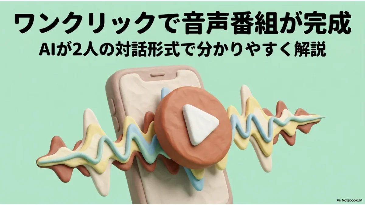 NotebookLMの音声概要ボタンを押すとAI対話番組が完成する様子を示すイラスト