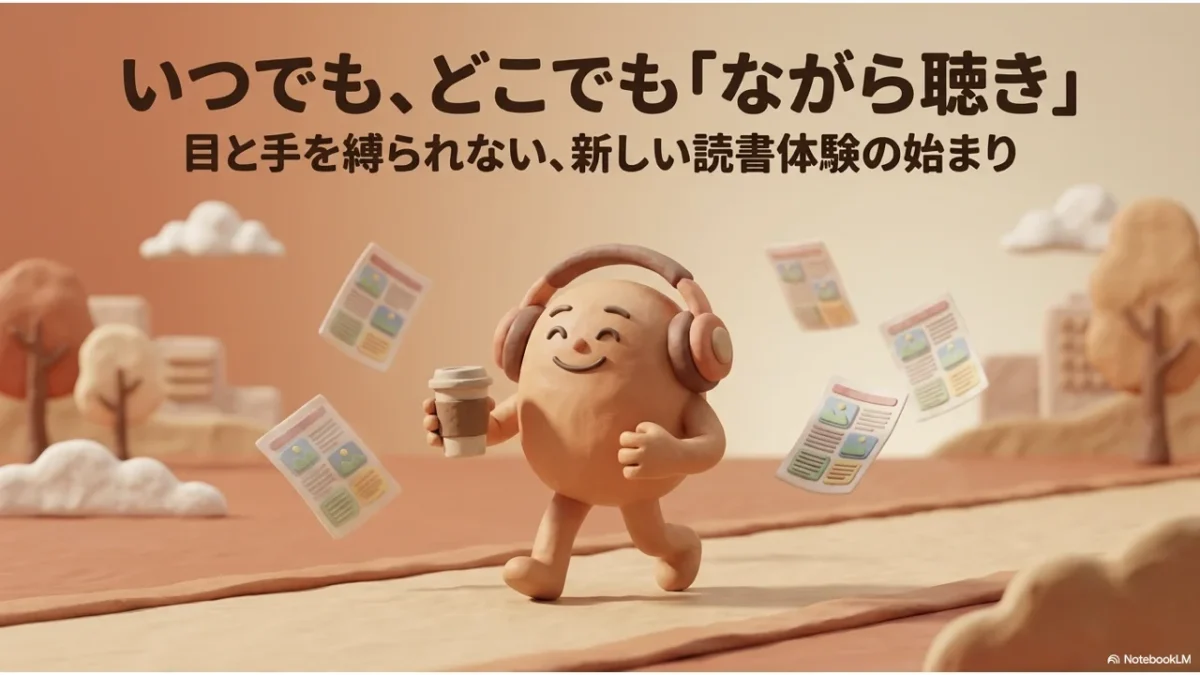 NotebookLMで作った音声番組を家事中や外出中にながら聴きする様子