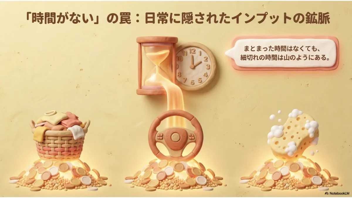 まとまった時間がなくても日常の隙間に耳活できる時間が眠っていることを示す図解