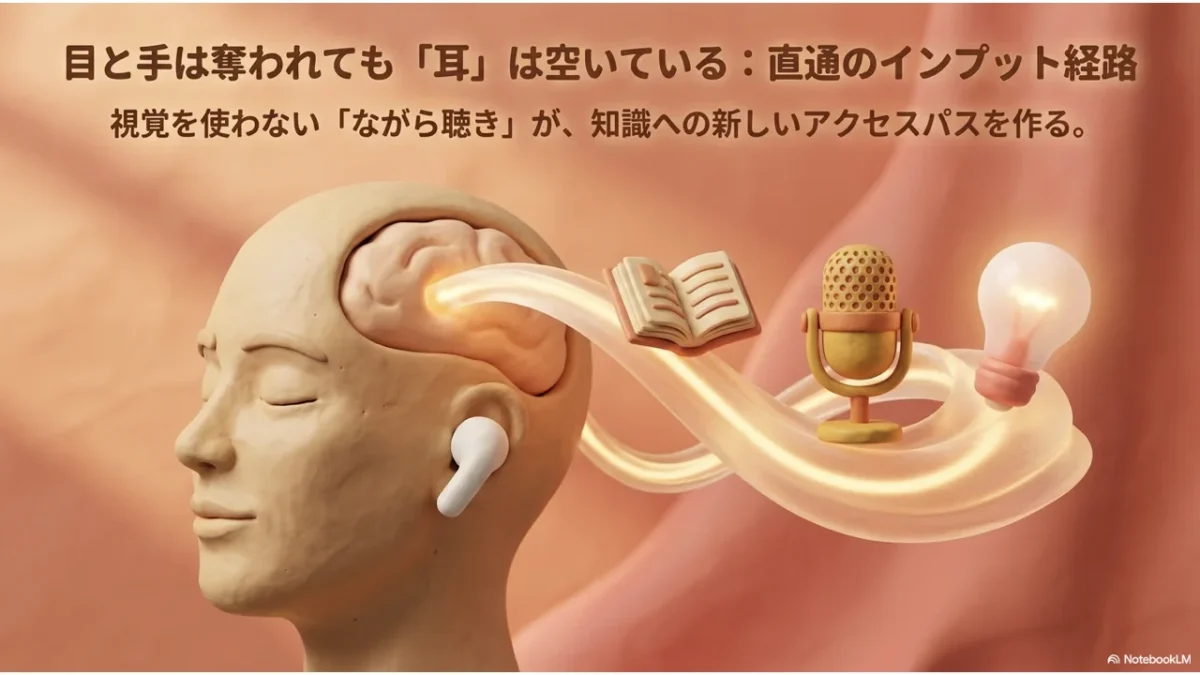 家事中は目と手が塞がっていても耳は完全にフリーという直通インプット経路の図解