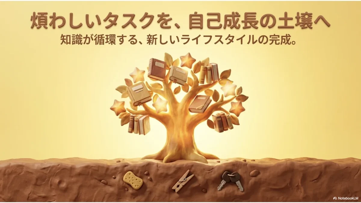 義務的な家事タスクが耳活によって自己成長の機会に変わる様子を示すイラスト