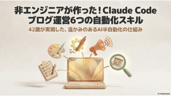 「非エンジニアが作った!Claude Codeブログ運営6つの自動化スキル」と書かれた記事タイトル画像。ノートパソコンとメガホンのクレイ風イラスト