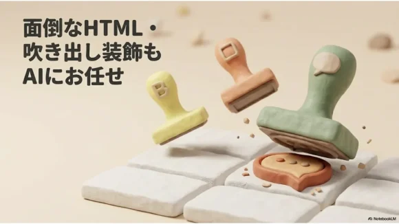 クレイ風のスタンプ(はんこ)が並ぶイラスト。面倒なHTMLや吹き出し装飾をAIに任せる様子