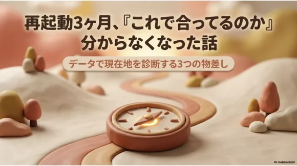 クレイ風の風景の中央に方位磁針が置かれたイラスト。「再起動3ヶ月、これで合ってるのか分からなくなった話」の記事タイトル画像