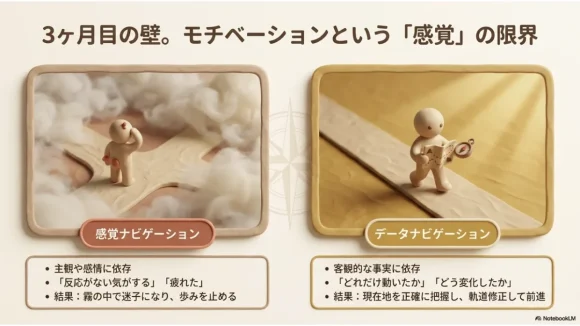 砂嵐の中を歩く人形と地図を持つ人形を左右に並べたクレイ風イラスト。感情ナビとデータナビを対比した3ヶ月目の壁
