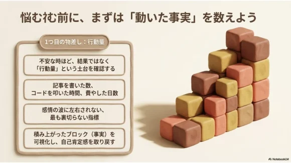 粘土のブロックが積み上がっていくクレイ風イラスト。悩む前に「動いた事実(行動量)」を数えて現在地を確かめる様子