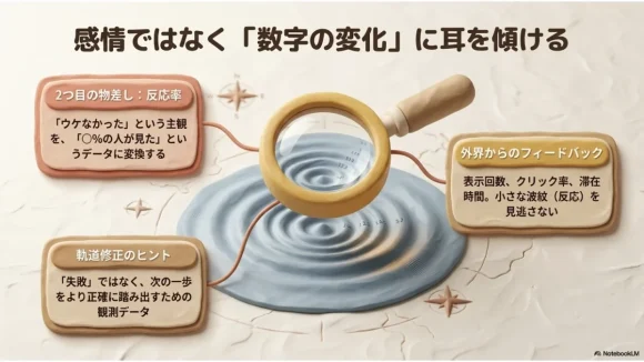 虫眼鏡が水面の波紋を映すクレイ風イラスト。表示回数や順位など数字の変化に耳を傾けるサーチコンソールの見方