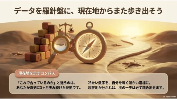 砂漠に置かれた金色の方位磁針と足跡のクレイ風イラスト。データを羅針盤に現在地からまた歩き出す様子