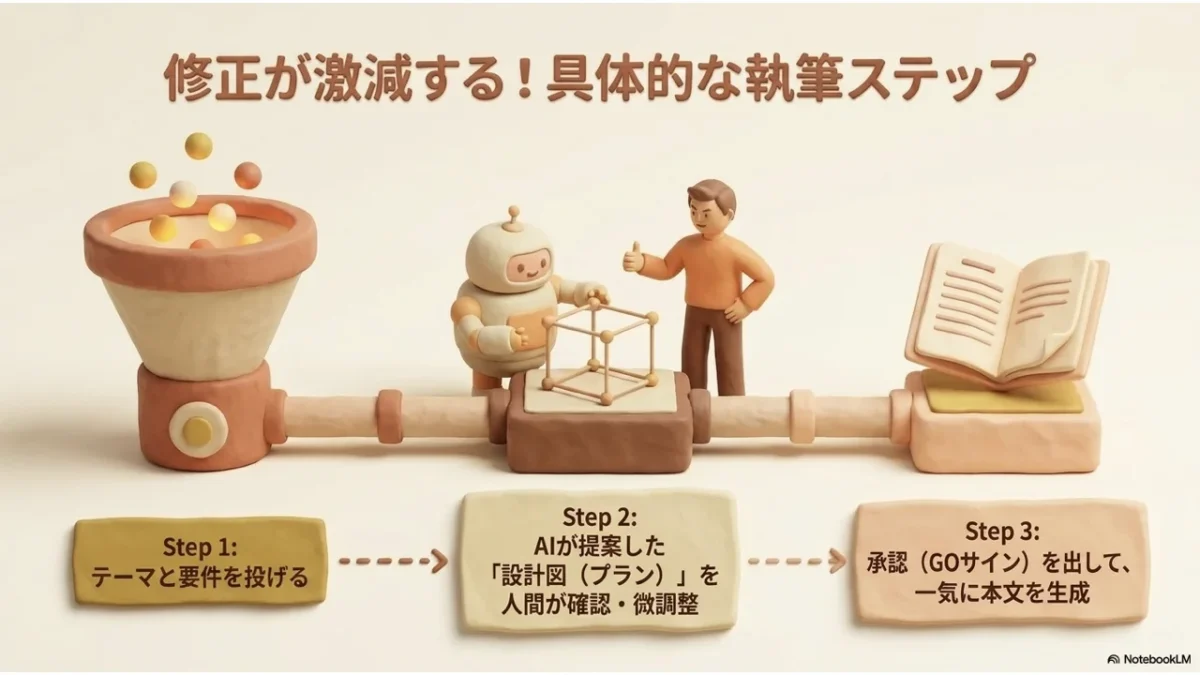 修正が激減する執筆3ステップ。テーマと要件を投げ、AIが作った設計図を人間が微調整し、承認して一気に本文を生成する流れの図解